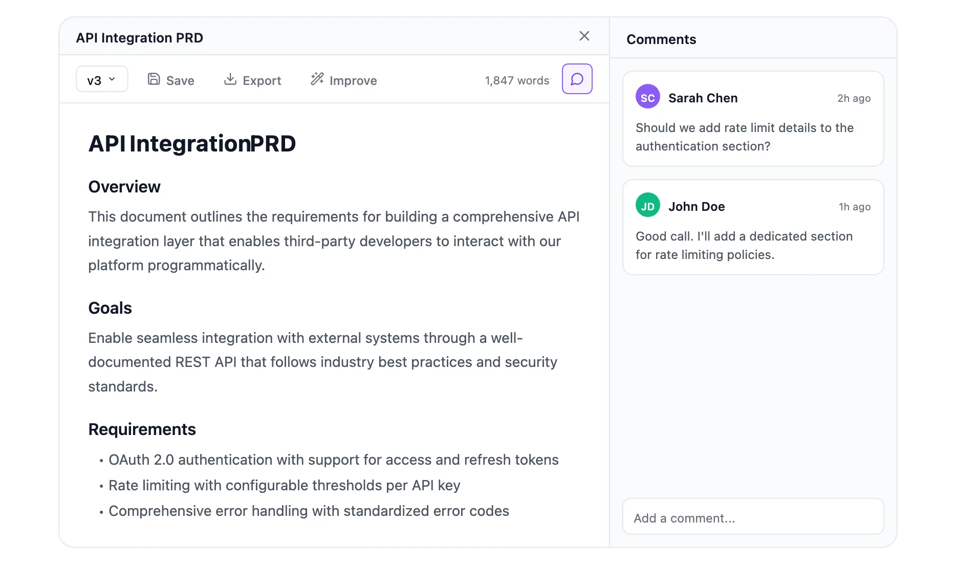 Document editor with inline comments from team members