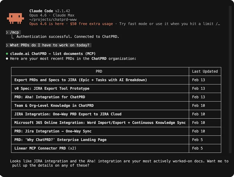 ChatPRD MCP connected in Claude Code terminal