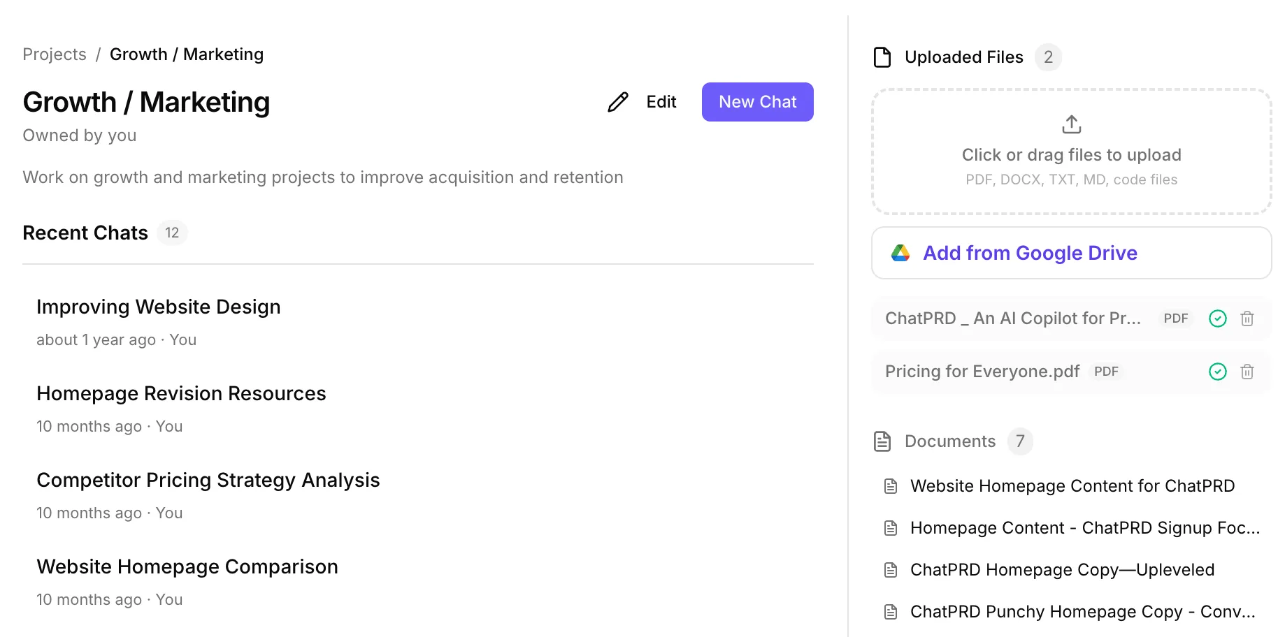 Shared project with uploaded files, documents, and recent chats