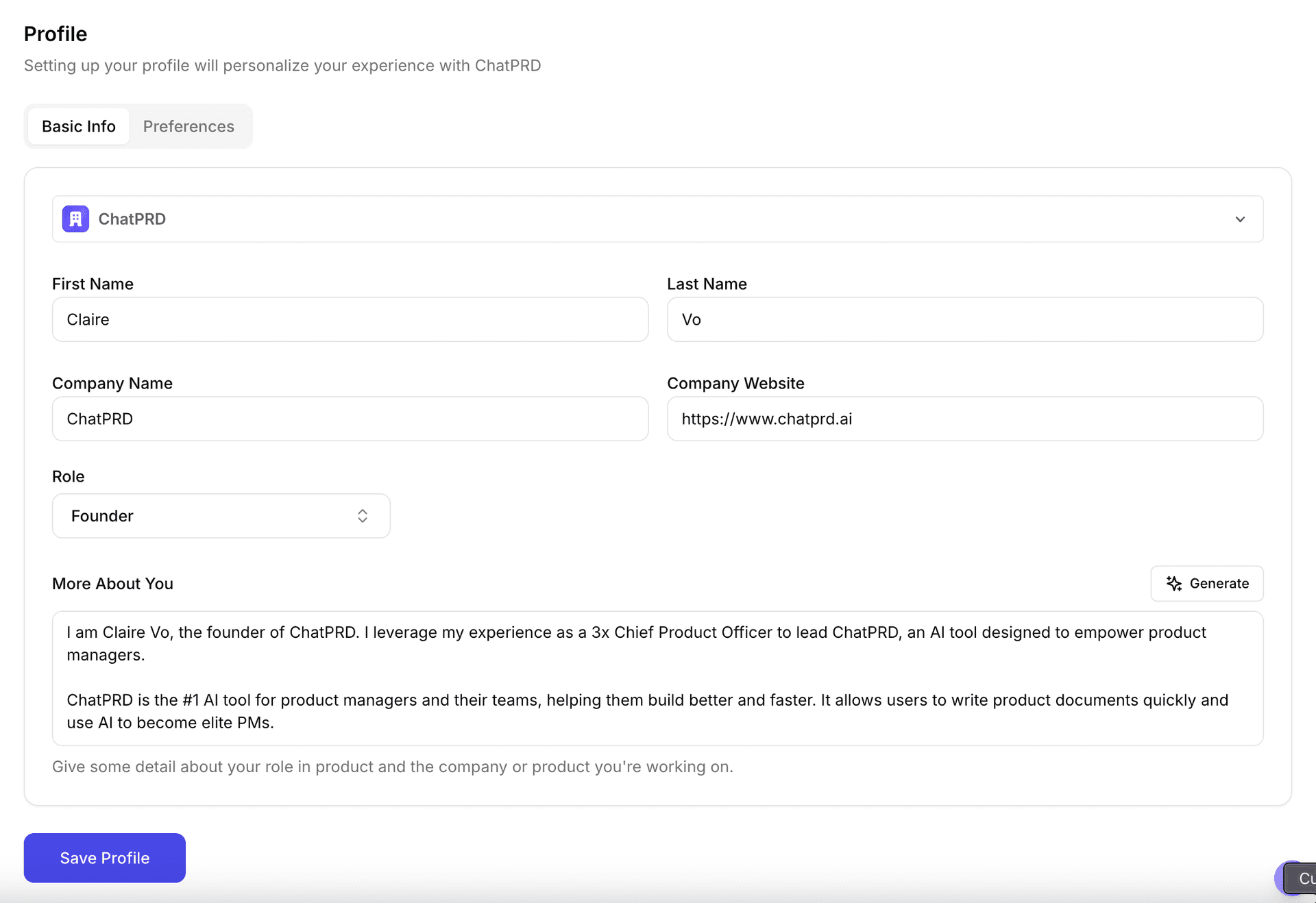 Profile Settings Basic Info tab with name, company, role fields and Generate bio button