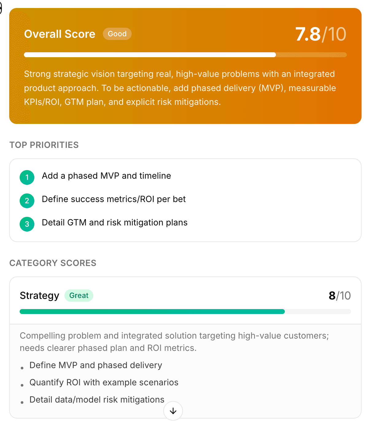 Feedback results showing overall score, top priorities, and category scores