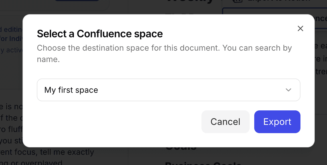 Select a Confluence space dialog for exporting documents
