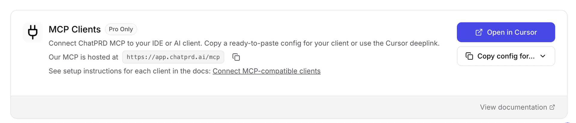 MCP Clients section with Open in Cursor button and Copy config dropdown