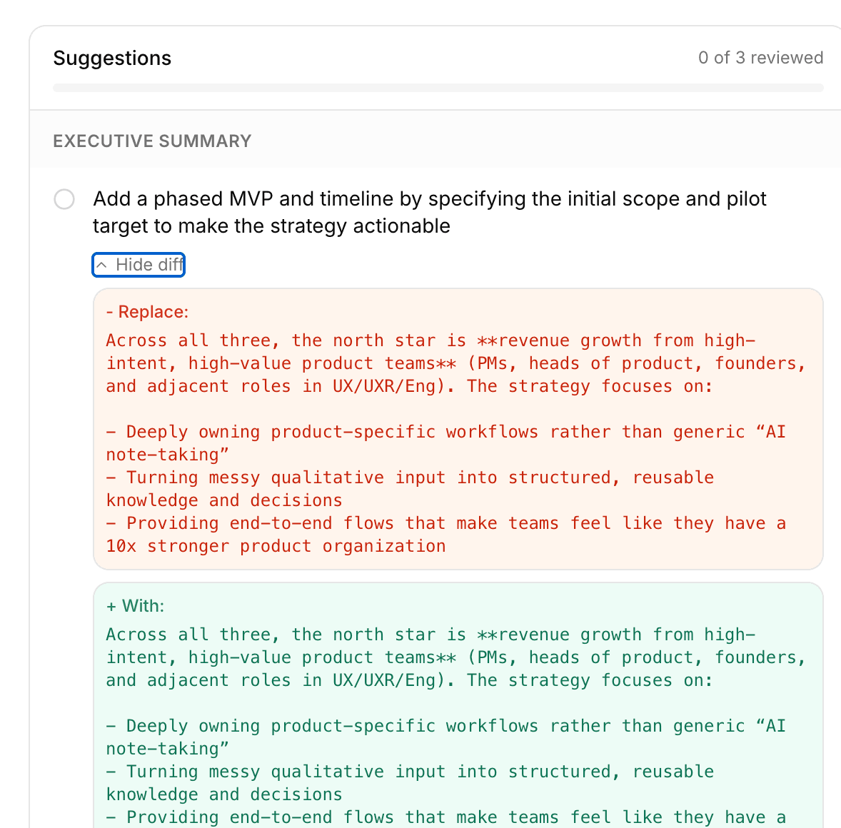 Suggestions panel showing diff view with original and suggested text