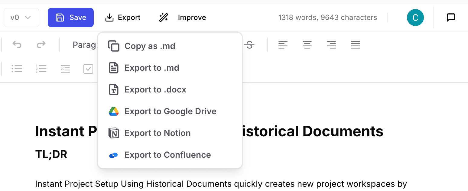 Export dropdown showing all export options including Copy as .md, Export to .md, .docx, Google Drive, Notion, and Confluence